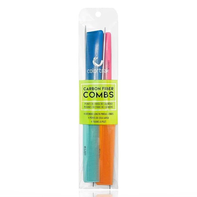Colortrak Carbon Fiber Combs, Durable, Heat-Proof Comb, Anti-Static to Prevent Frizz, Bleach Safe Stainless Steel Pintail, 4pc Bag (Orange, Teal, Blue, Pink)