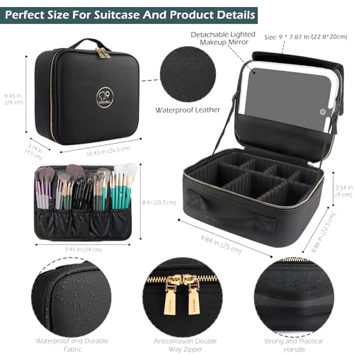 Rechargeable Travel Makeup Vanity Mirror with Partitionable Cosmetic Bag (Black / Smooth)