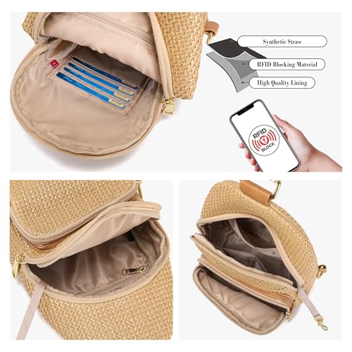 Faux Straw Crossbody Bags for Women Small RFID Summer Sling Bag (Pure Khaki)