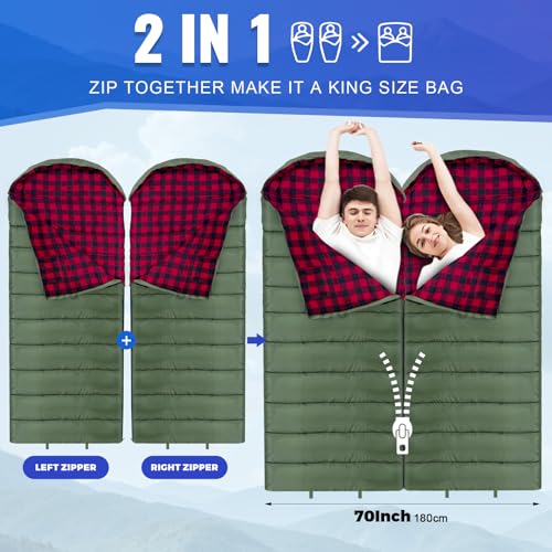 0 Degree Sleeping Bag Cotton Flannel Winter Cold Weather for Adults XXL Sleeping Bag 4 Season Big and Tall with Pillow Compression Sack (OLIVE_R)