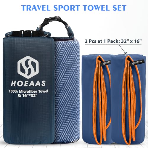 2 Pack Microfiber Camping Towels (Navy Blue / S: 32" x 16"+32" x 16")