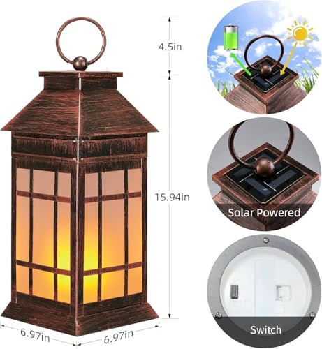 18" Solar Lanterns Outdoor Waterproof Flickering Flame Copper (Antique Copper)