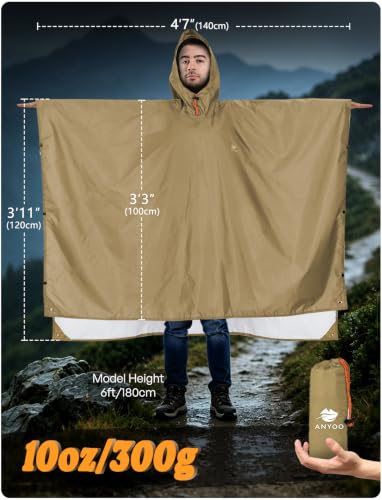 Hooded Rain Poncho for Adult Waterproof Lightweight Raincoat (Dark Khaki)
