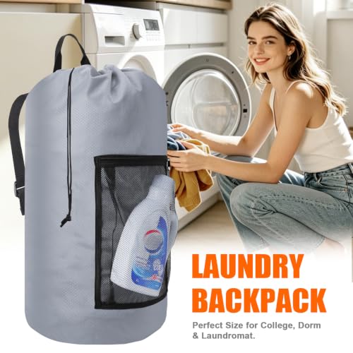 Laundry Bag Backpack Durable Laundry Bag with Shoulder Straps and Mesh Pockets Portable Laundry Hamper Dirty Clothes Bag for College (Gray / 1 Pack)