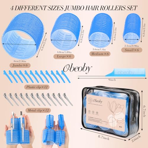 4 Sizes Hair Rollers Curlers Set with Clips for Women Girls (Blue)