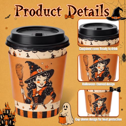 48 sets 8 oz Halloween Disposable Coffee Cups with Lids and Sleeves (Pumpkin)