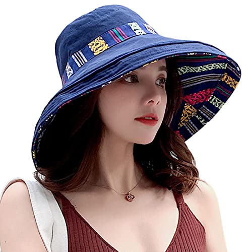 Women Summer Wide Brim Sun Hat Bucket Fishing Hats UV Protection (Medium / Qf001-navy)