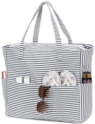 Beach Bag Waterproof Sandproof Women Beach Tote Swim Pool Bag with Zipper Wet Pocket for Gym Grocery Travel Family (Light Black White)
