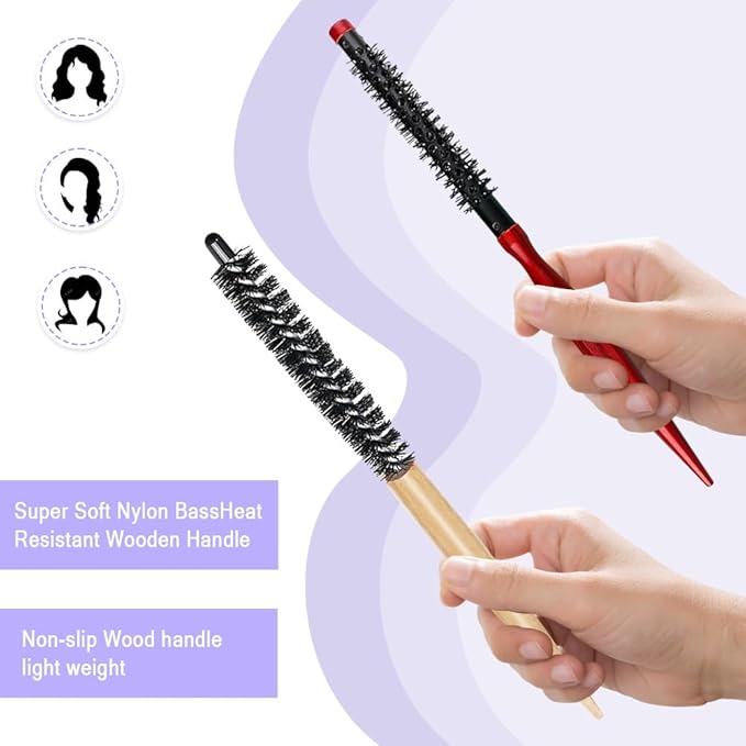 2 Styles Small Round Brush, Wooden Mini Hair Brush Roller Quiff Hair Combs, Mustache Brush, Travel Nylon Hairdressing Brushes Styling Volume Hairbrush for Curling, Short, Thin Hair