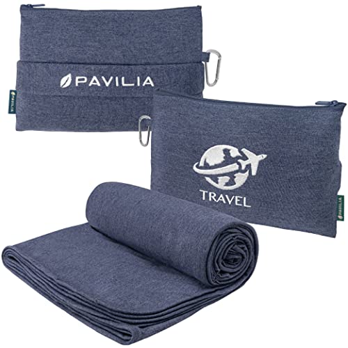 Travel Blanket Airplane Compact Pillow with Bag for Flights (Navy / 65 x 40 inches)