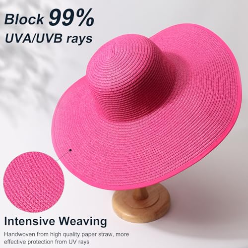 Sun Hats for Women Wide Brim Summer Hat Large Floppy Sun Straw Hat Foldable Packable Beach Hats UPF 50+ (Medium Size: Rose Red / Brim 5.5" (Head Circumference 22-22.8"))