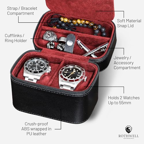2 Watch Travel Case Storage Organizer for 2 Watches (Black/Red - w/ Accessory Lid)