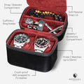2 Watch Travel Case Storage Organizer for 2 Watches (Black/Red - w/ Accessory Lid)