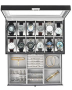Mens Watch Box Jewelry Organizer (Black + Gray / 12-slot)