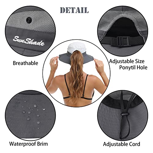 Womens Summer Sun Hat Beach Hat Wide Brim Outdoor UV Protection Hat Foldable Cool Mesh Ponytail Bucket Hat (6-7 / Grey)