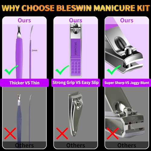Manicure Set 16Pcs Professional Stainless Steel Pedicure Kit Mens Grooming Kit Fingernail & Toenail Clippers Set Manicure Kit with Luxurious Travel Bag (16Pcs-Purple)