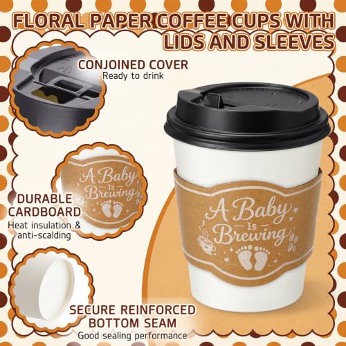 48 Sets 8 oz A Baby Is Brewing Coffee Cups with Lids and Sleeves (Baby)