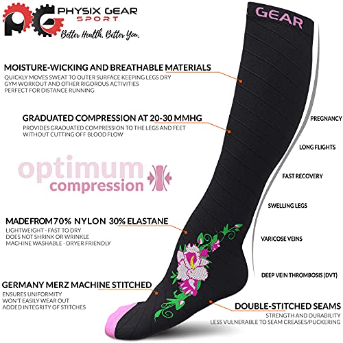 Physix Gear Compression Socks (Black/Pink Flower / Large-X-Large)