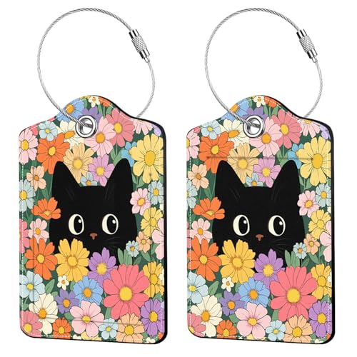 2 Pcs Colorful Cat Luggage Tags for Suitcase (Funny-cat-flowers)
