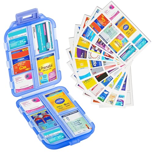 Small Pill Case Travel Pill Box Cute Pill Organizer for Purse Portable Daily Medicine Organizer 10 Compartment Pill Holder for Vitamins (10 Grid Box Blue+med Labels 1pc)