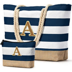 Personalized Women's Large Dark Blue Beach Tote Bag with Makeup Bag (Dark Blue 2 Pcs)