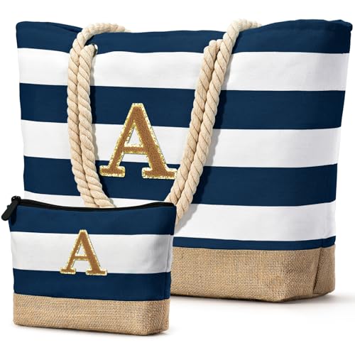 Personalized Women's Large Dark Blue Beach Tote Bag with Makeup Bag (Dark Blue 2 Pcs)
