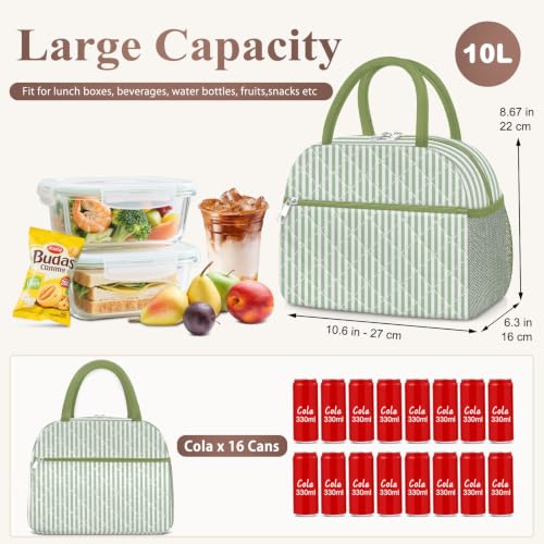 Lunch Bag Lunch Box for Women Adult Men Insulated Quilted Reusable Large Lunch Tote Bag Leakproof Simple Cooler Bag for Work Office Picnic Beach or Travel (B-Green Stripes / Medium - 10L)