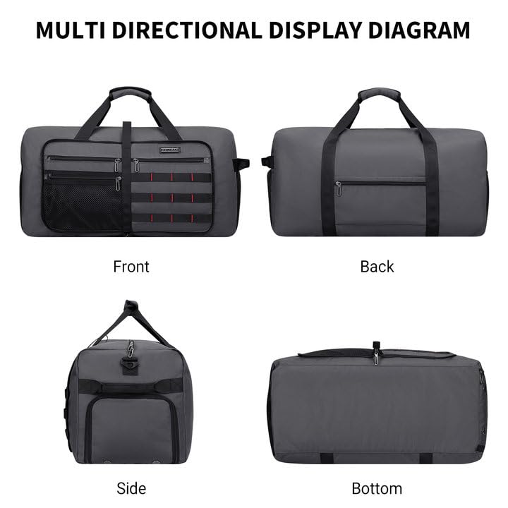 Foldable Duffle Bag for Men Large 65L Travel with Shoe Compartment (Silvery Grey)