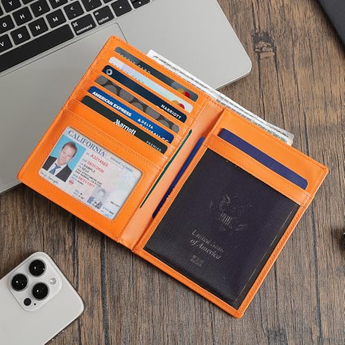 Polare Leather AirTag Passport Holder RFID Blocking Travel Bifold Wallet (Black/Brown with AirTag Slot)