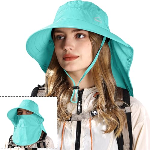 Sun Hat for Men Women with Neck Flap& Removable Face Cover Wide Brim (1pack-aqua)