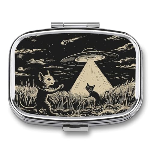 Metal 2 Compartment Pill Organizer Travel Friendly Portable Compact Pill Box Cute Pill Case to Hold Vitamins (Cats and Spaceships)