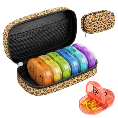 Weekly Travel Pill Organizer 2 Times a Day AM PM Rainbow Pill Box (A Canvas Brown 01 / 1 Set Canvas Case)