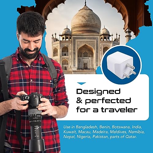 India, Nepal, Bangladesh Travel Adapter Plug with USB-A + USB-C - Type D - Usa Input - Ultra Compact - Safe Grounded Perfect for Cell Phones, Laptops, Camera (CTU-10) (Off White)