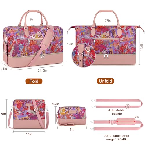 Weekender Bag for Women 21.5" Travel Duffel Large Carry On Bag 3PCS (Large / 8a-Pink)