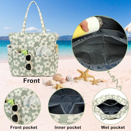 Waterproof Beach Tote Pool Bags for Women Ladies Extra Large Gym Tote Carry On Bag With Wet Compartment for Weekender Travel (Flower 157 Green Gray)