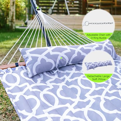 Double Hammock with Stand 500lbs Heavy Duty Outdoor Two Person White (White Grey)