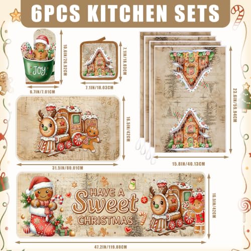 10 Pcs Christmas Gingerbread Man Kitchen Decor and Accessories Set Kitchen Towels Pot Holders Oven Mitts and Rugs for Baking Cooking BBQ Mom Housewarming Gifts (Light Brown / Christmas Gingerbread Man)