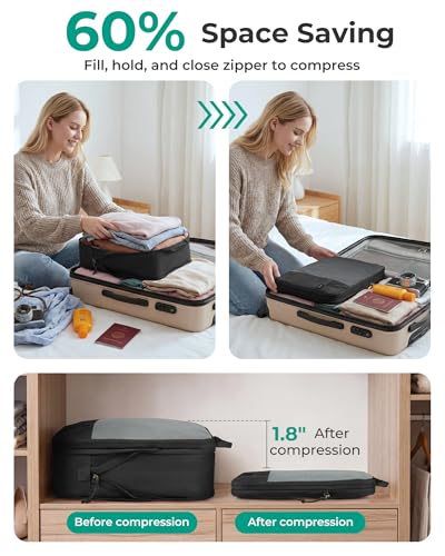 14 Set Compression Packing Cubes for Travel Essentials (Dark Black / Set of 14)