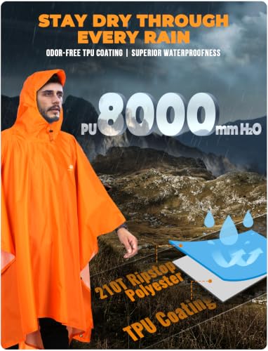 Hooded Rain Poncho for Adult Waterproof Lightweight Raincoat (X Orange)