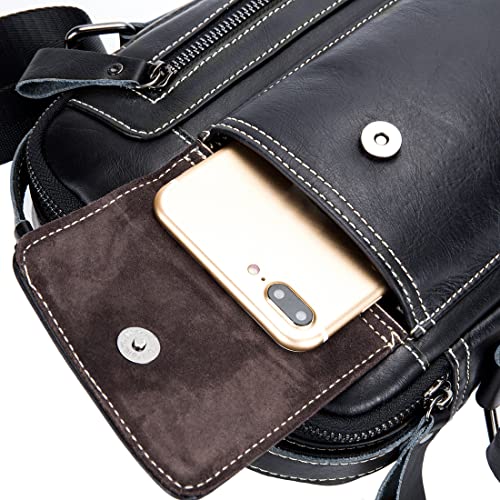 Genuine Leather Shoulder Bag Small Men Messenger Pack Handbag Sling Crossbody Bag Man Purse for Business Work Everyday Outdoor Travel Black (01-black)