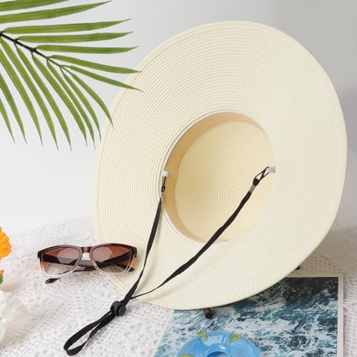 Womens Sun Straw Hat Bowknot Hat Summer Wide Brim Bucket Hats Foldable Beach Sun Hats Roll up UPF 50+ (1 Pack Bowknot Hat: Ivory White, 4.7" Brim)
