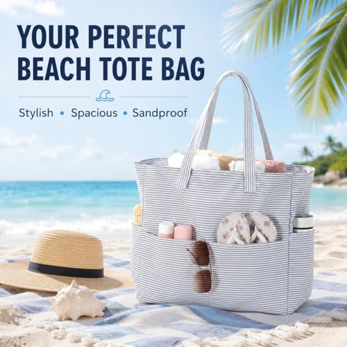 Beach Bag Waterproof Sandproof Women Beach Tote Pool Bag with Zipper for Gym Grocery Travel with Wet Pocket (Light Gray White)