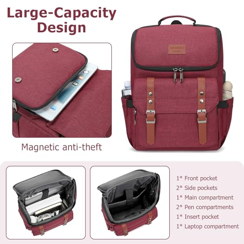 Vintage Backpack Travel Laptop Backpack with usb Charging Port for Women & Men College Backpack Fits 15.6 Inch Laptop Red Brown (Red&brown)