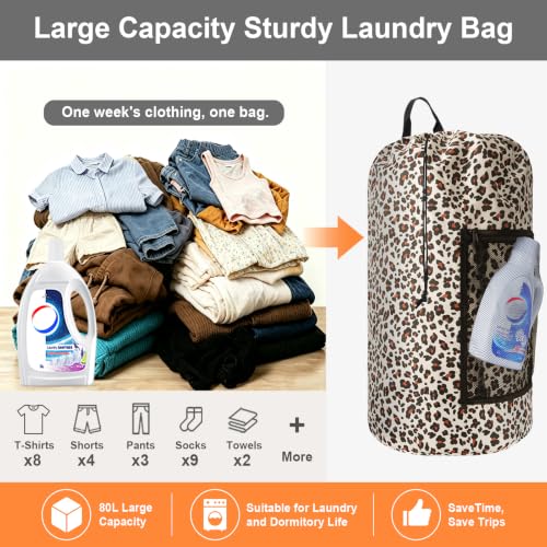 Laundry Backpack Portable Travel Laundry Bags with Straps and Mesh Pocket (Leopard Print / 2 Pack)