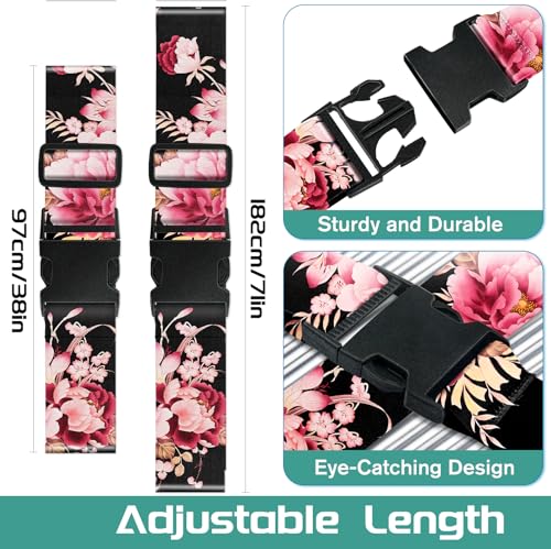Luggage Straps for Suitcases Travel Belt Accessories Luggage Connector Identifiers Over Handle with Buckle Unique Nylon Adjustable Strap for Sleeping Bag Car Seat Black (Black Flower)