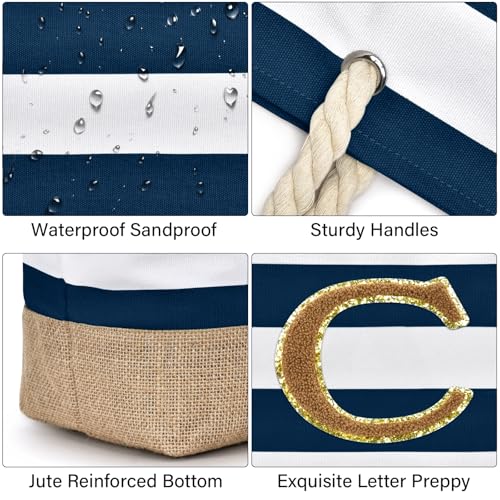 Beach Bag Initial Beach Tote with Makeup Bag for Travel (Dark Blue 2 Pcs)