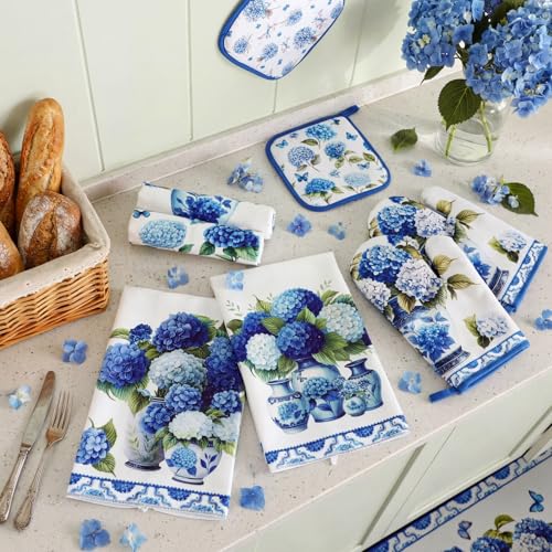 10 Pcs Chinoiserie Blue White Hydrangea Kitchen Decor Set (Blue, White / Hydrangea)