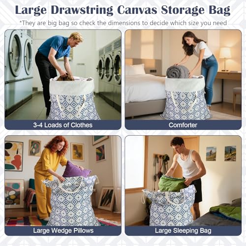 Canvas Laundry Bag with Handles & Drawstring (Geometry Blue,1pc XL / XL 33"W x 35"H┃1 Pack)