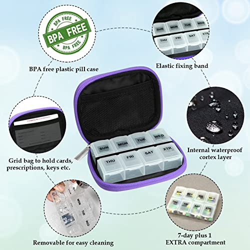 Weekly Travel Pill Organizer Pill Case for Purse with Removable 7 Day Pill Box (1 Case + 1 Box / A. Purple 02)