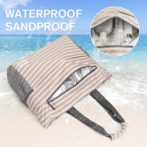 Beach Bag Waterproof Sandproof Large Capacity Foldable for Women (Brown Stripe / 35L)